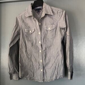 Tommy Hilfiger Button-Up Shirt Women's Sz Small Gray Striped Collared Roll-Tab